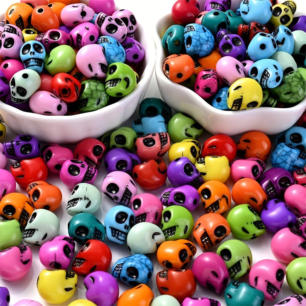 200/300Pcs Mix Coloful Skull Beads, Acrylic Loose Spacer Beads For Jewelry Making. DIY Bracelet, Necklace, Halloween Decorations Accessories 9x12mm