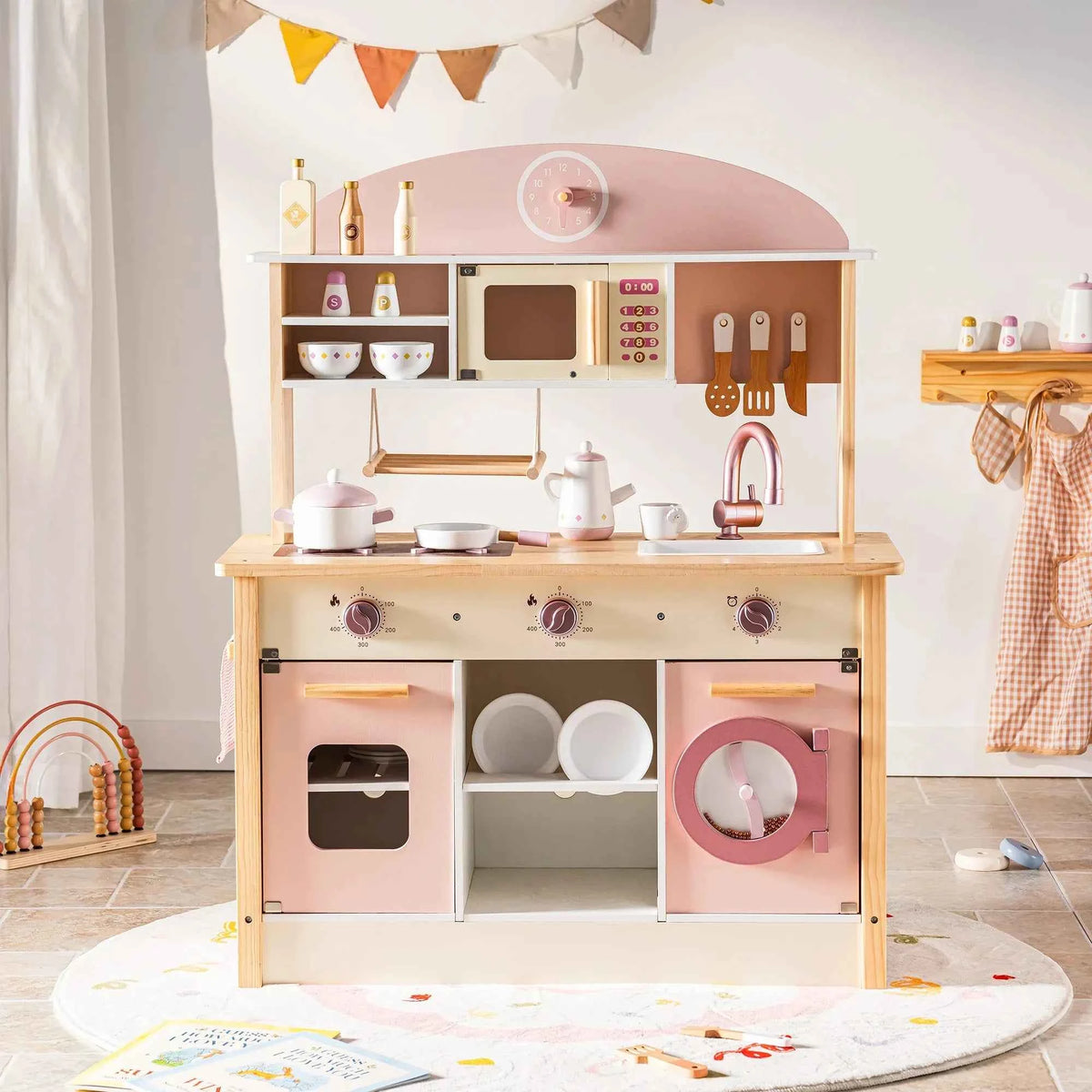 Robud Kids Wooden Pink Play Kitchen. All in 1 Corner Set Includes Oven, Refrigerator. Washer. Perfect Birthday Gift for Little Chefs.
