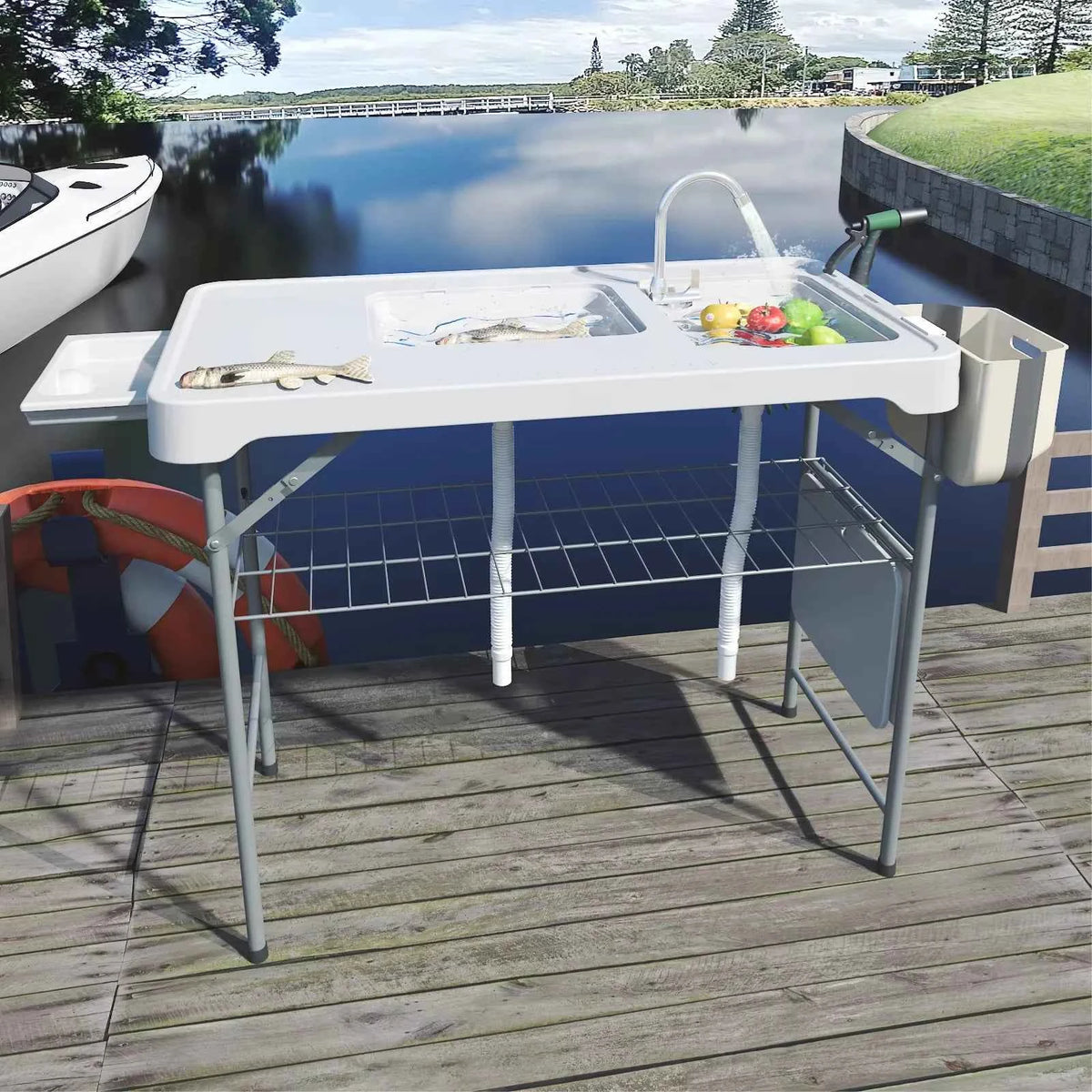 Folding Table with Sink, Portable Outdoor  with Faucet, Sprayer, Grid Rack & Storage Box. For Fishing, Picnic, Beach & Patio