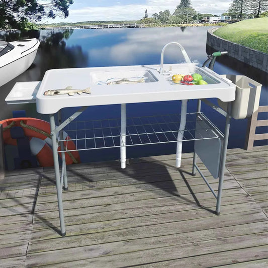 Folding Table with Sink, Portable Outdoor  with Faucet, Sprayer, Grid Rack & Storage Box. For Fishing, Picnic, Beach & Patio