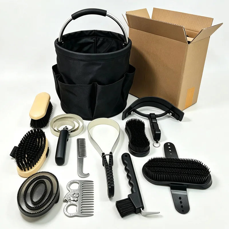 12Pcs Horse Grooming Kit Horse Care; Brushes & Combs Set with Foldable Storage Bucket. Equestrian Horse Cleaning Tools