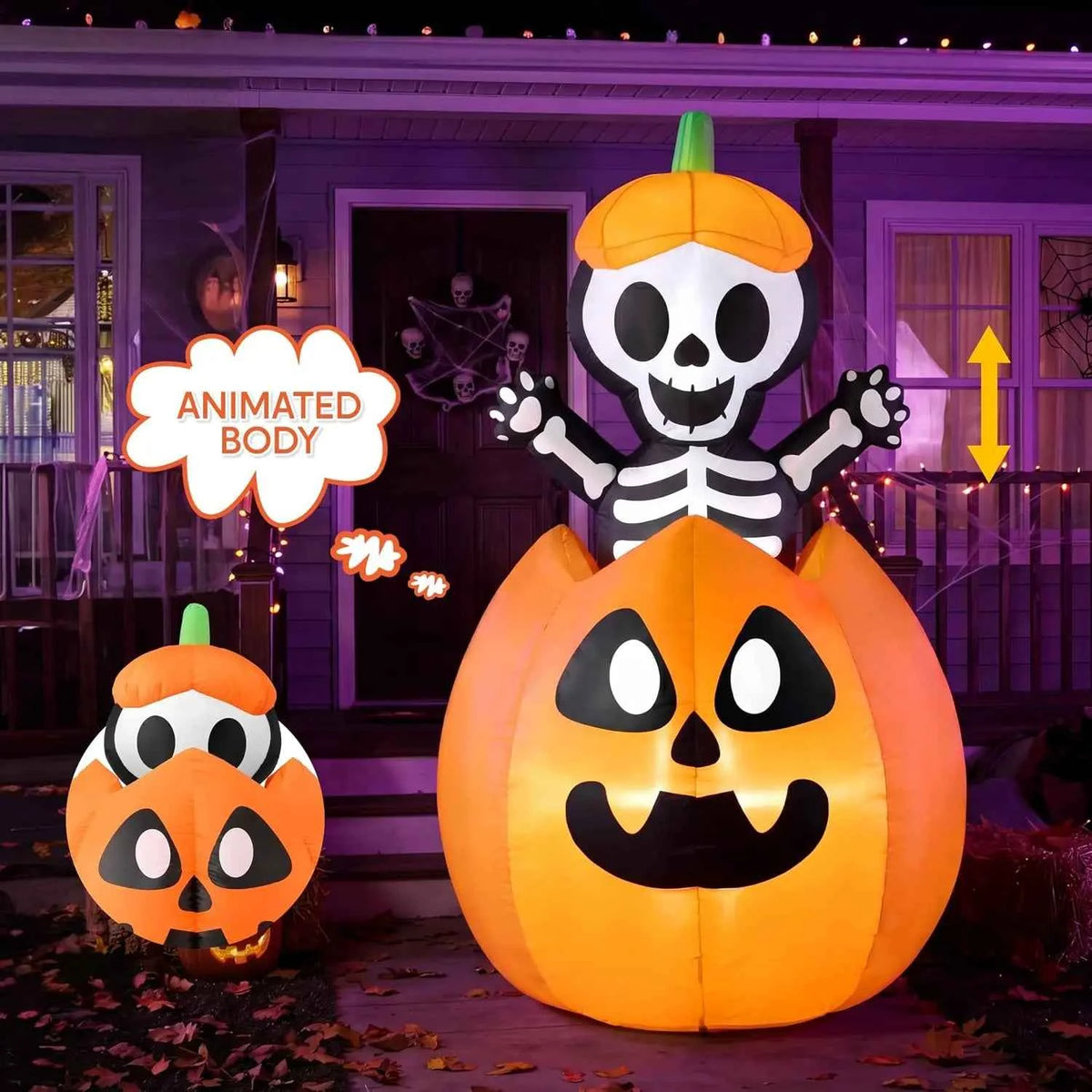 5FT Halloween Animated Inflatables Outdoor Decorations, Inflatable Skeleton On Pumpkin with LEDs, Cute Blow Up Pumpkin Skeleton Decor for Outside Yard
