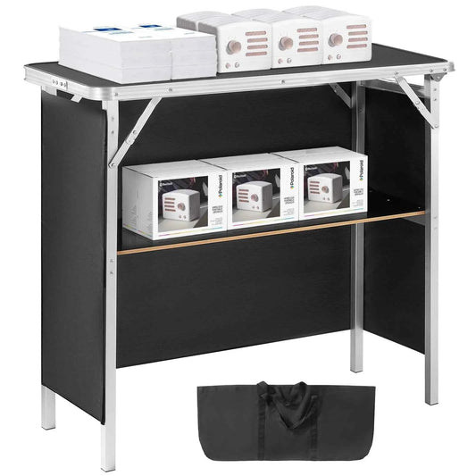 Folding Portable Bar Table or Tradeshow Podium Table for Party, Picnic, Exhibition. Includes Carrying Case, Storage, Shelf Skirt