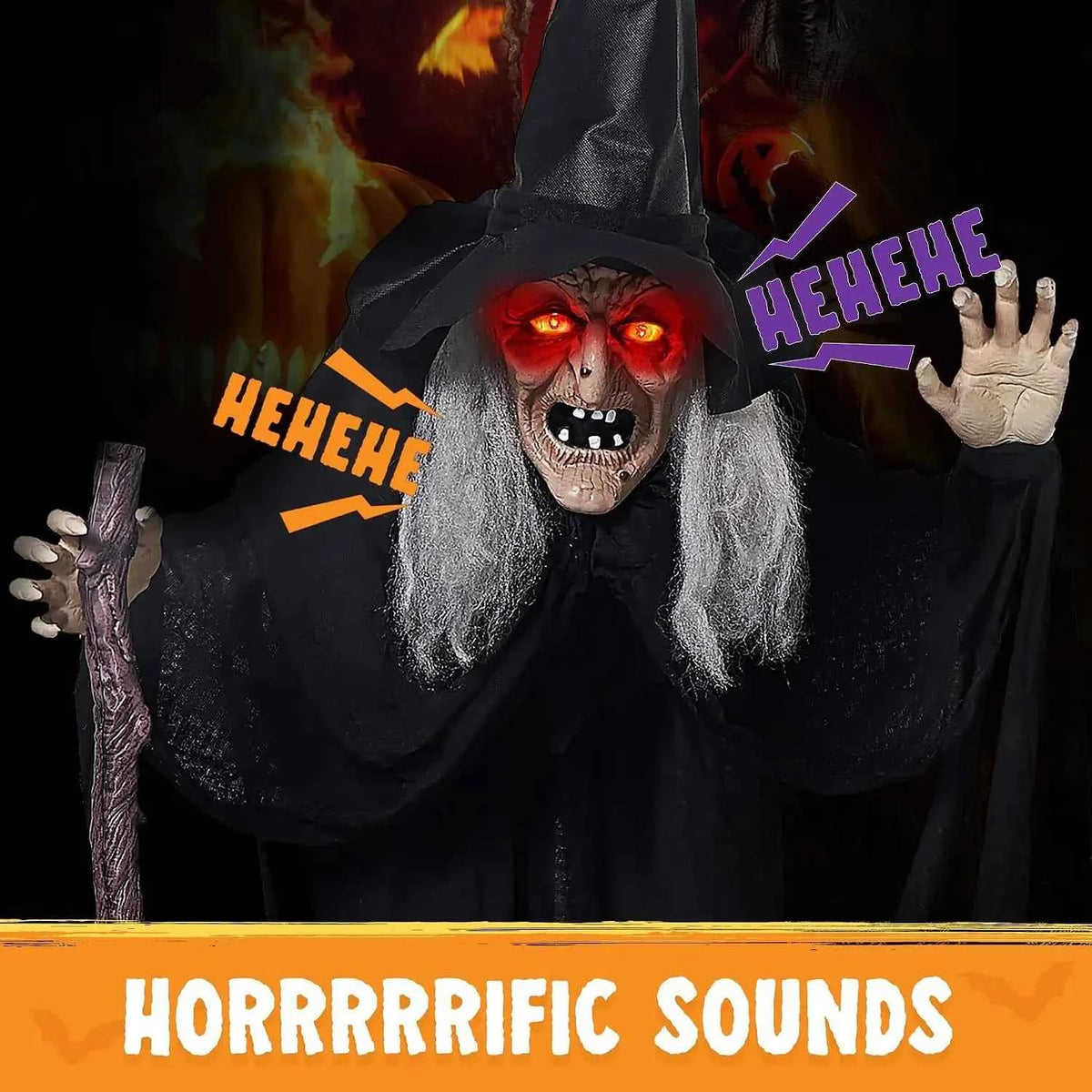 72" Animatronics Witch Outdoor Halloween Decorations with Cane. Life Size Animated Ghost. Haunted House Prop Décor with Creepy Sound and Light-up Eyes, Party Supplies