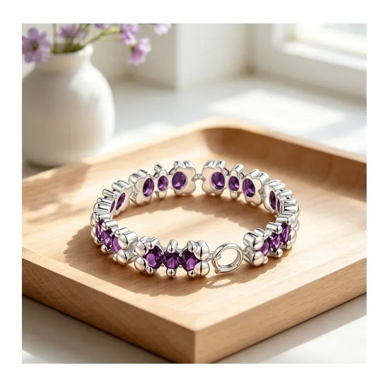 Women Silver Plated Flower Link Bracelet with Purple Crystal Fashion Jewelry