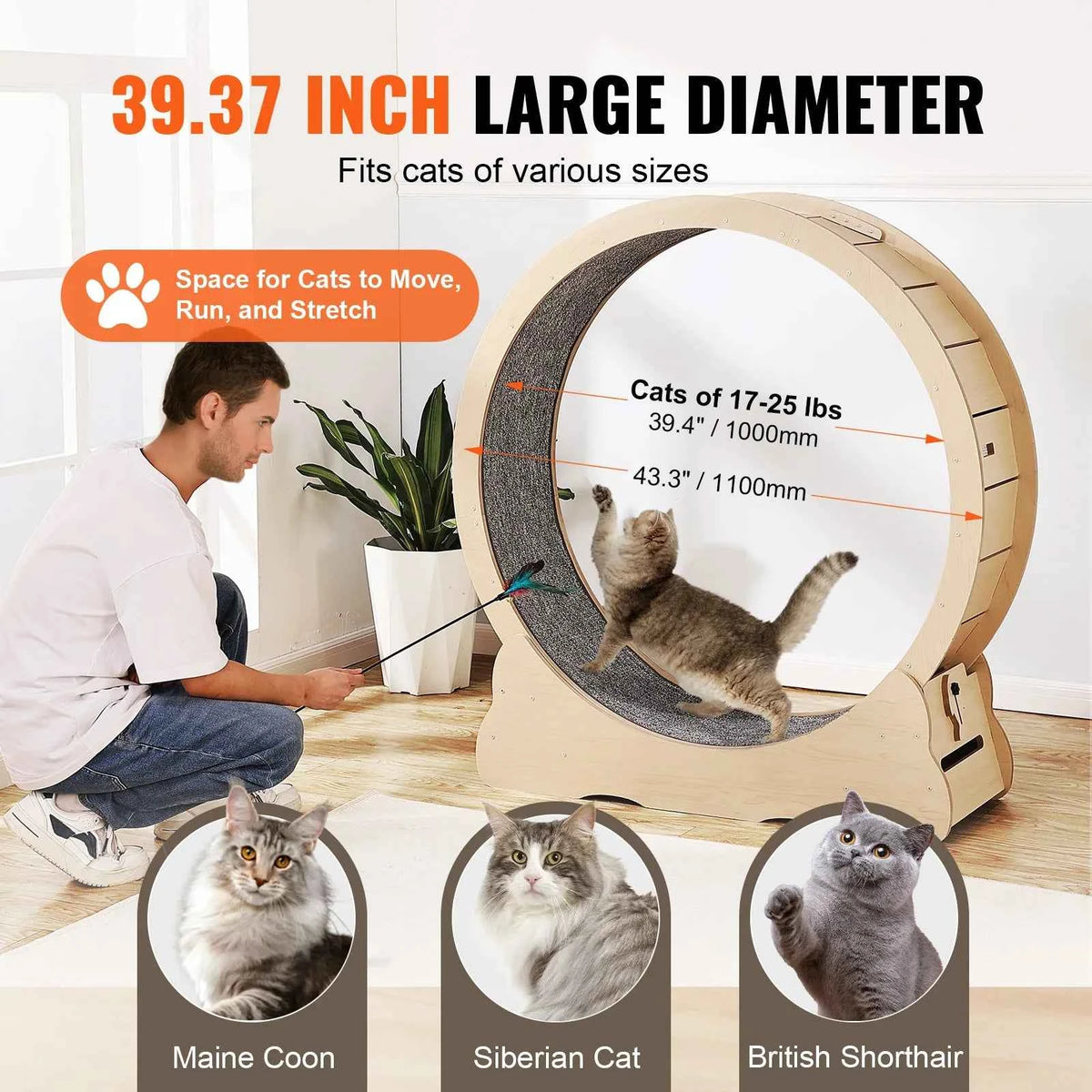 Wooden Exercise Wheel for Indoor Cat .Running Wheel with Detachable Carpet& Cat Teaser