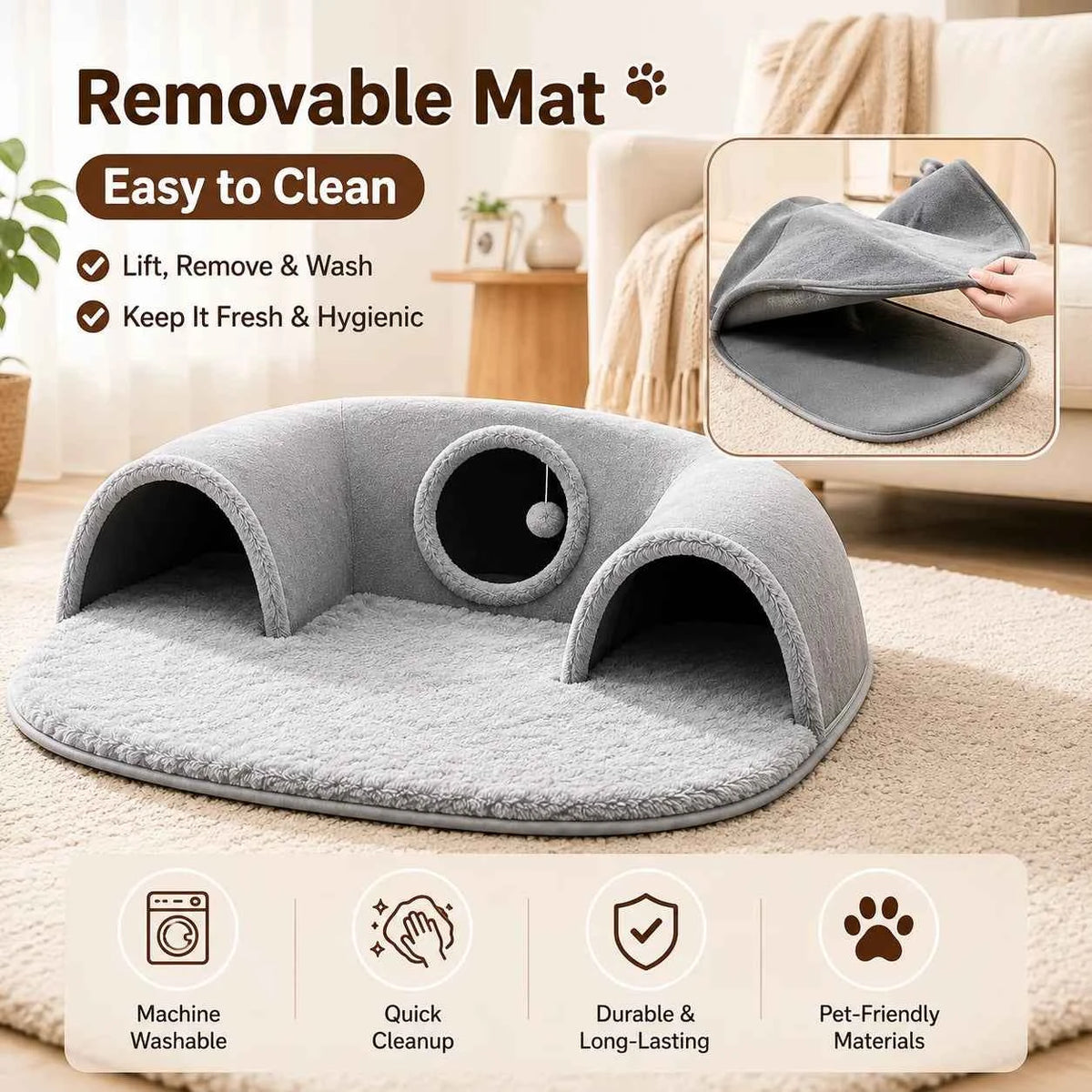 Multifunctional U-shaped Cat Tunnel Bed—A Detachable, Washable Plush material; .