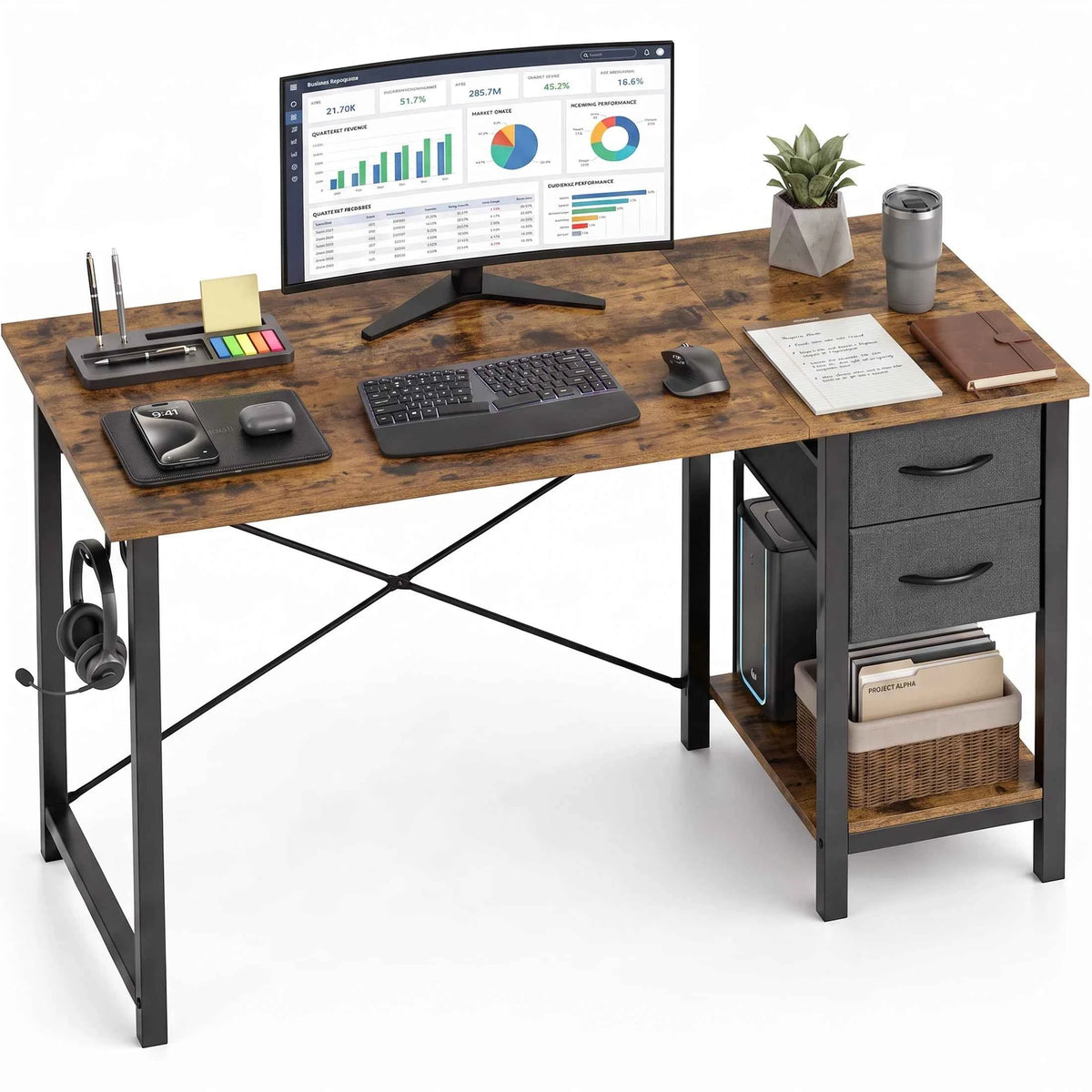 MCQ 47 Inch Standing Office Computer Desk with Drawers and Side Hook. Ergonomic. With Storage, X‑Frame Stability For Home, Office, Small Space