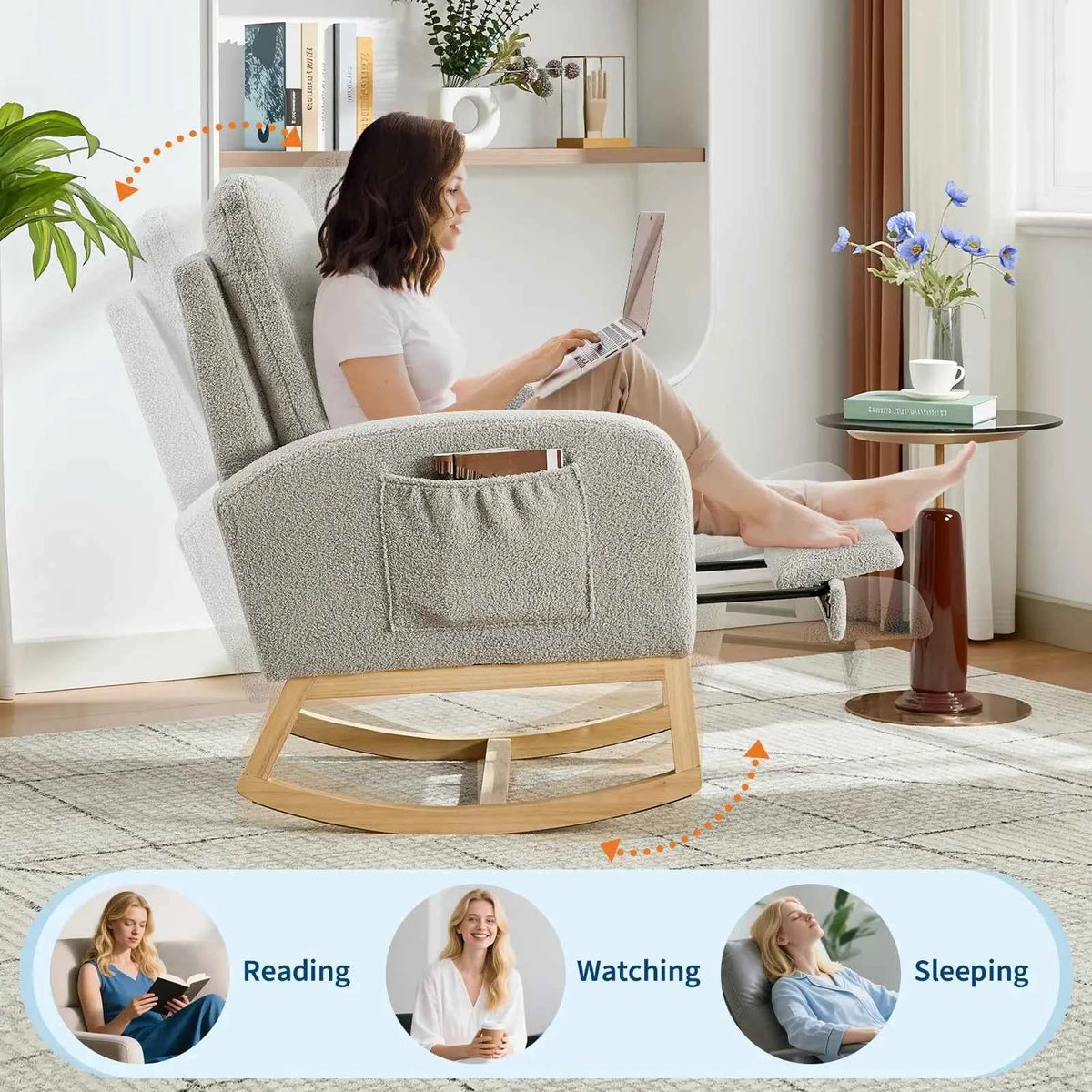 Modern Nursery Rocking Chair, Teddy Upholstered Rocking Chair with Footrest, & with Side Pocket, Rocker Glider for Living Room, Bedroom, Nursing Room