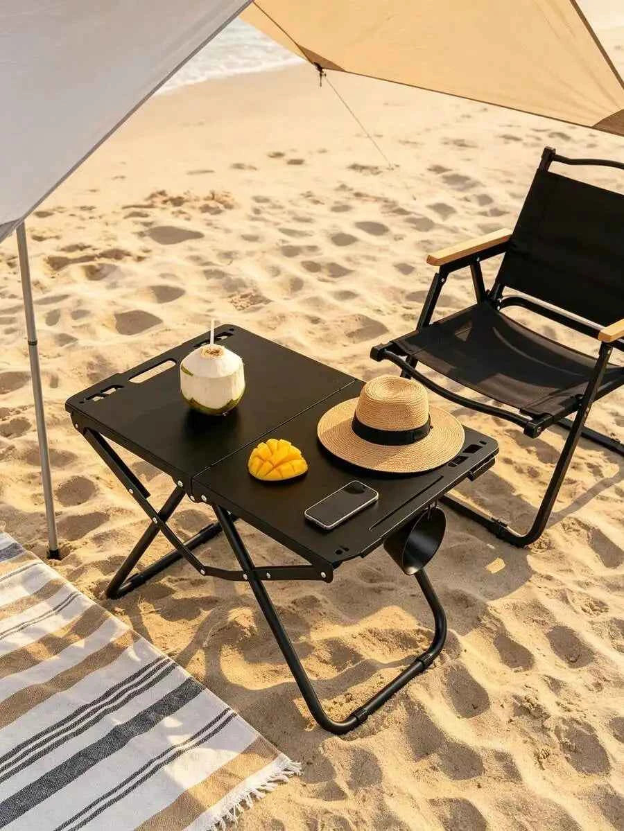 1-piece foldable portable table with cup holder, lightweight aluminum outdoor side table suitable for beach, picnic, fishing, hiking, and travel