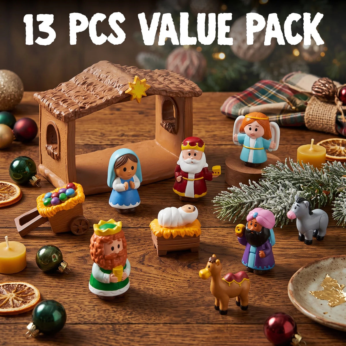 13pcs Christmas Story scene of baby Jesus in the manger. With the angels, animals, wise men. and a few other miniature items. That the kids can move around.