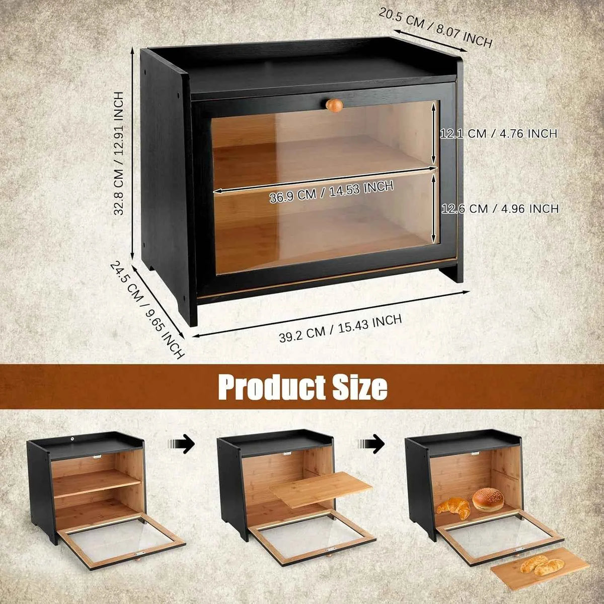 2 Layer Large Capacity Bamboo Bread Box with Tempered Glass Window, Farmhouse Kitchen Countertop Storage Container .