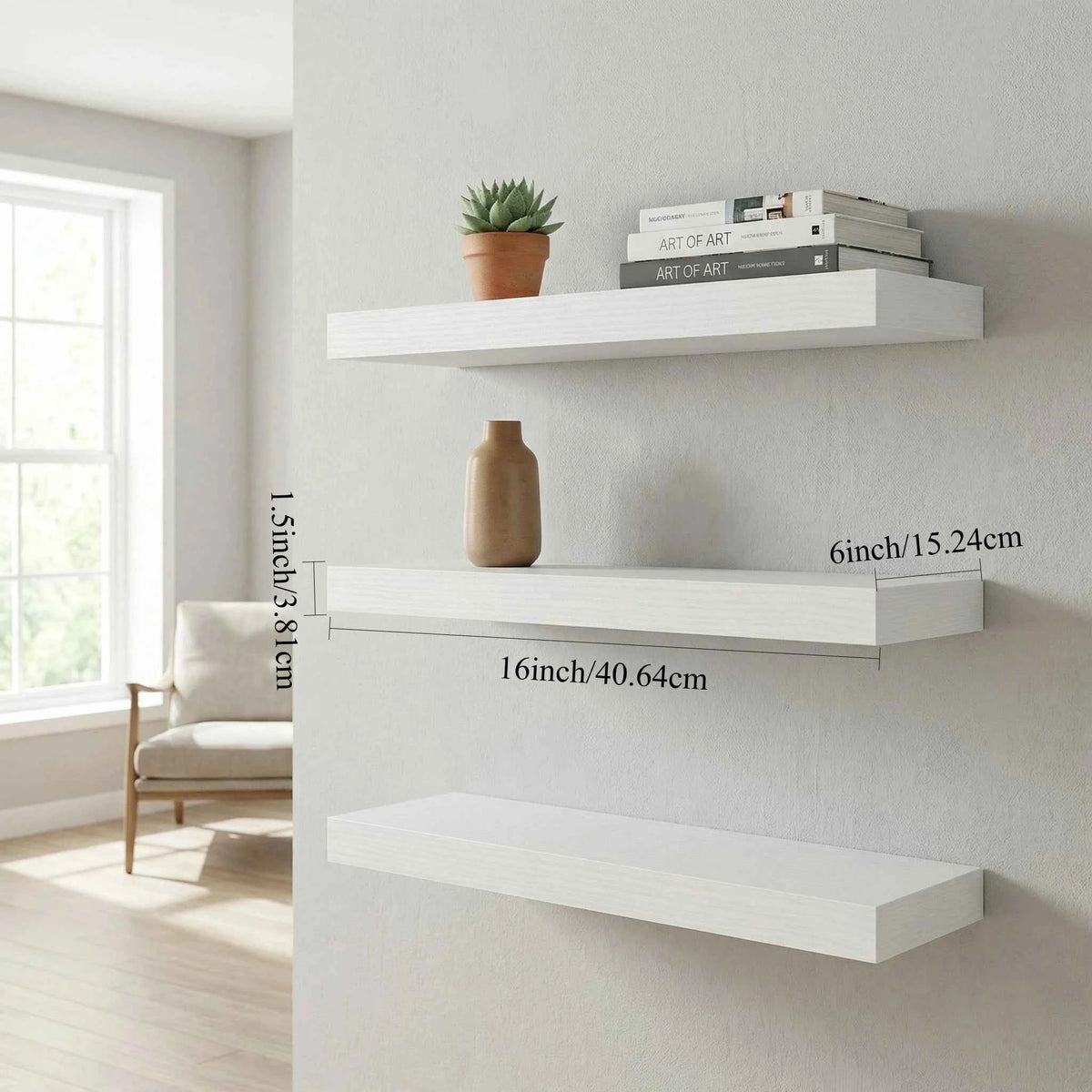 Set of 3, Floating Wall Shelves For Decor,  Mounted on the wall with  Invisible Brackets