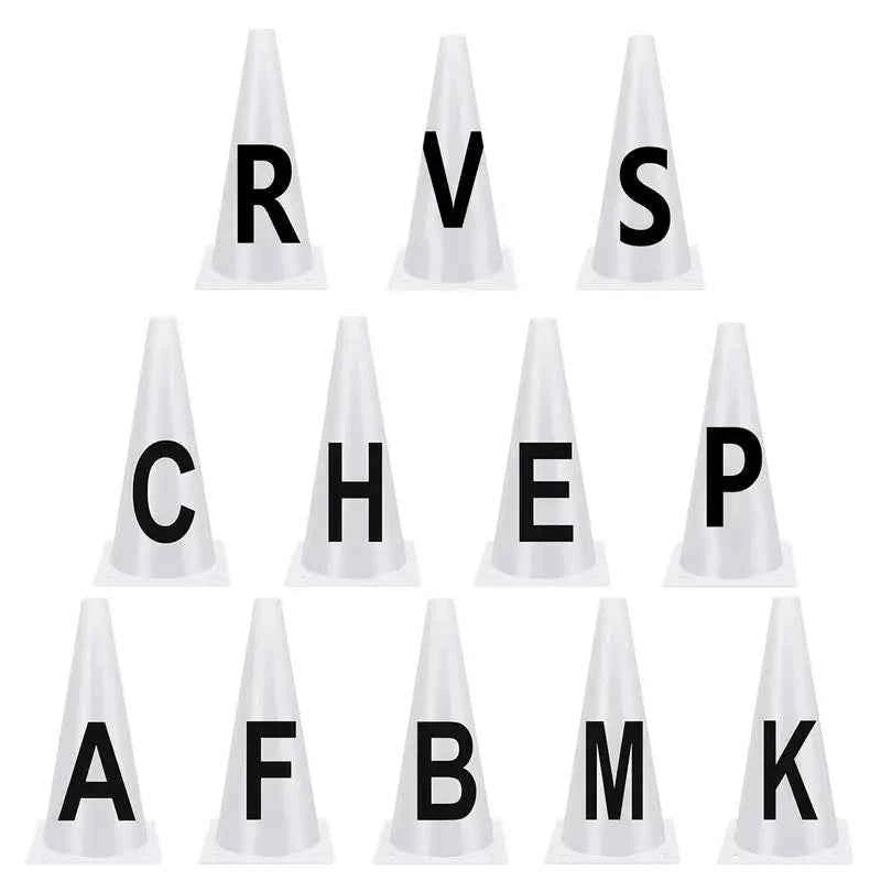 Horse Training Equipment. Portable White Dressage Letter Cone Set.  Stackable Sports Training Cone