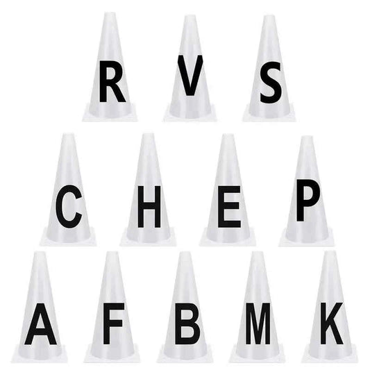 Horse Training Equipment. Portable White Dressage Letter Cone Set.  Stackable Sports Training Cone
