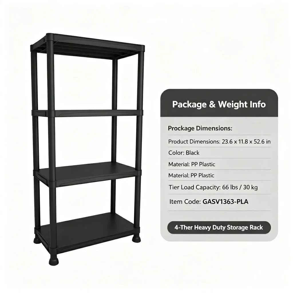 4 & 5 Tier Plastic Storage Shelving Unit, Heavy Duty Black PP Utility Rack, 3 Sizes Available Waterproof Organizer.