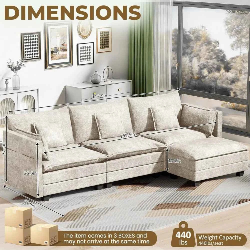 112.5" L-Shape Modular Sofa with Ottoman, Deep Seat Sleeper, 3 Throw & 2 Arm Pillows, Upholstered Furniture , Custom