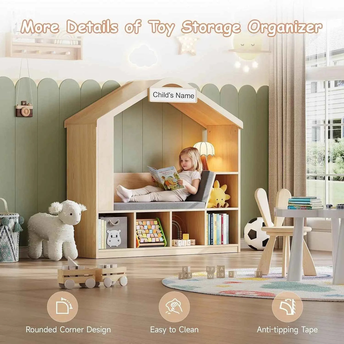 Kids Bookshelf with Reading Nook, Toy Storage Organizer