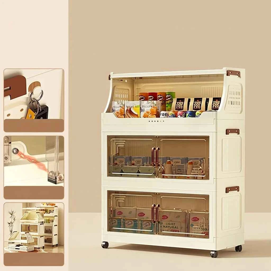 3/4-Tier Storage Cabinet with Wheels, Freestanding Kitchen Pantry Organizer with Flip Top & Transparent Doors, Plastic Rolling Storage.