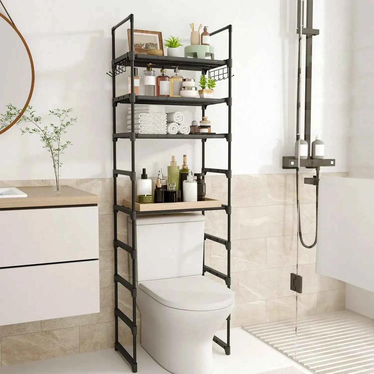 10-Tier Over Toilet Storage Rack, Adjustable Bathroom Organizer Cabinet with Space Saving Shelves,