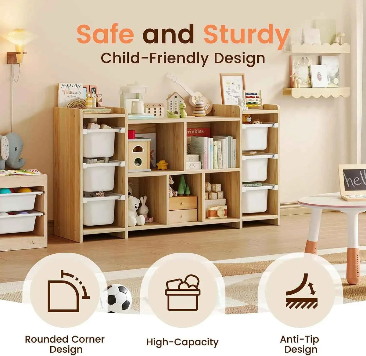 Montessori Kids Bookshelf and Toy Storage Organizer with 8 Shelves and 6 Removable Bins, 100% Solid Pine Wood. Toy Organizers and Storage for Kids Rooms, Playroom, Nursery