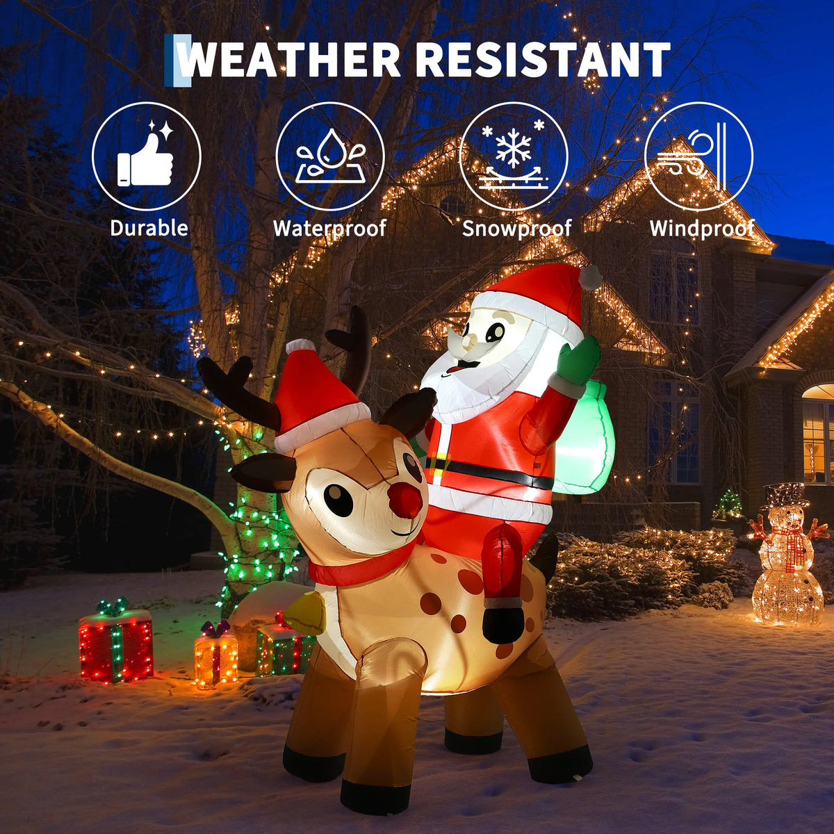 7FT Giant Inflatable Santa Claus with Reindeer Outdoor Christmas Decoration. Built In LED Lights. Weatherproof Polyester for Winter Festival Yard, Display Props