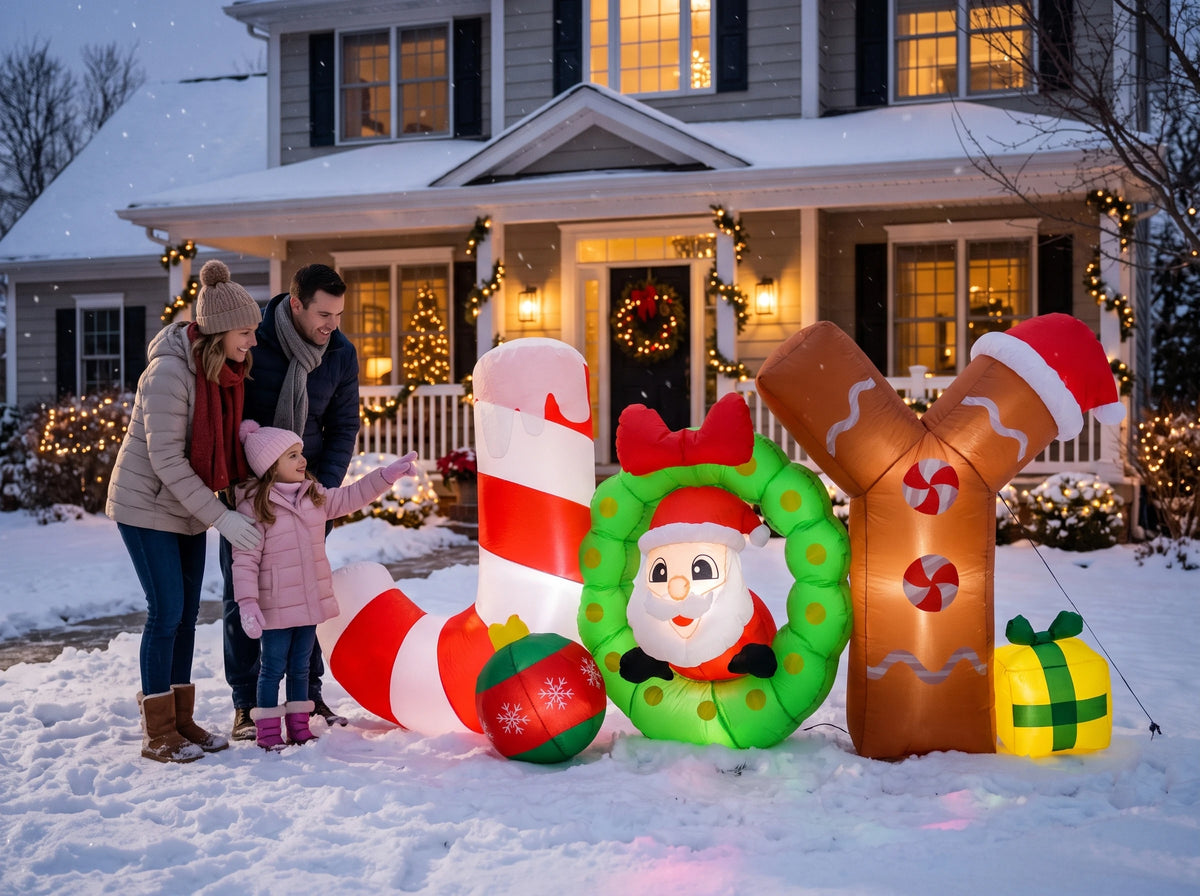 6ft Giant Lighted Christmas Inflatable JOY Sign  Outdoor Decoration. Waterproof Polyester Taffeta. Blow Up Yard Prop Holiday signs.