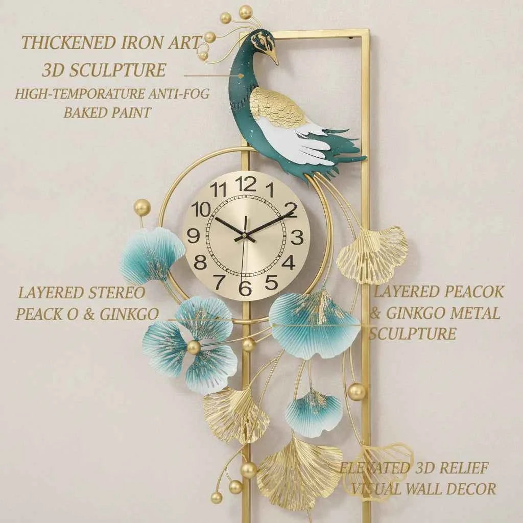Peacock & Ginkgo Leaves Wall Clock 100x50cm, Modern Metal Wall Decor with Silent Sweep Movement, Decorative Art Clock, Gold