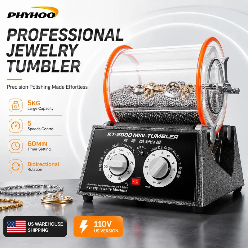 PHYHOO 5KG Jewelry Tumbler Polisher, 110V 5 Speed Rotary Tumbler, 60Min Timer. Jewelry Polishing Machine. US Warehouse Fast Shipping