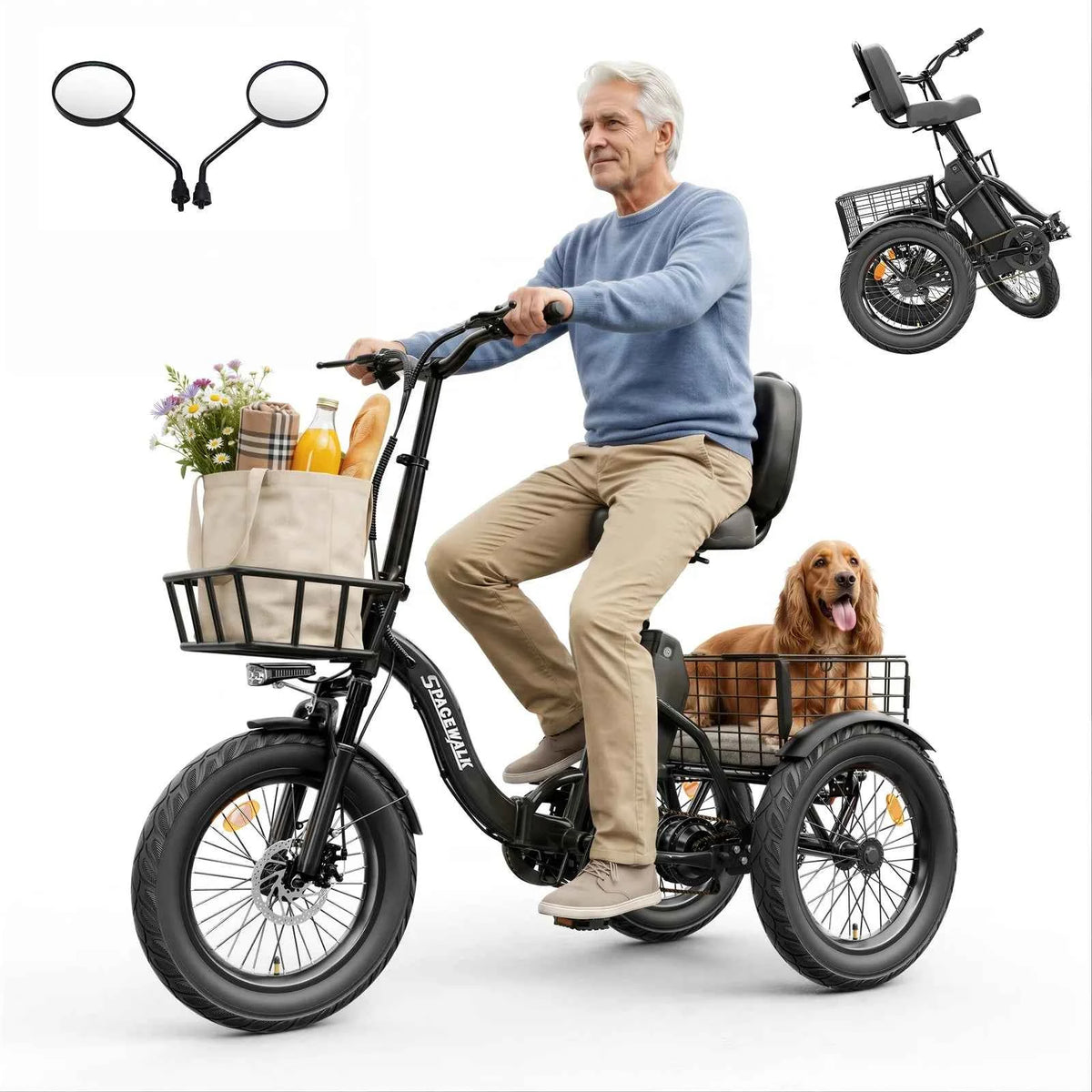 Spacewalk 1200W Peak Electric Trike for Adults, 48V, 15Ah Battery, 3 Wheel Electric Bike with 60 Miles Range, 18×3.0 Fat Tires, Dual Disc Brakes, Rear Cargo Basket, Adjustable Comfort Seat, Folding E Tricycle for Seniors-Bla