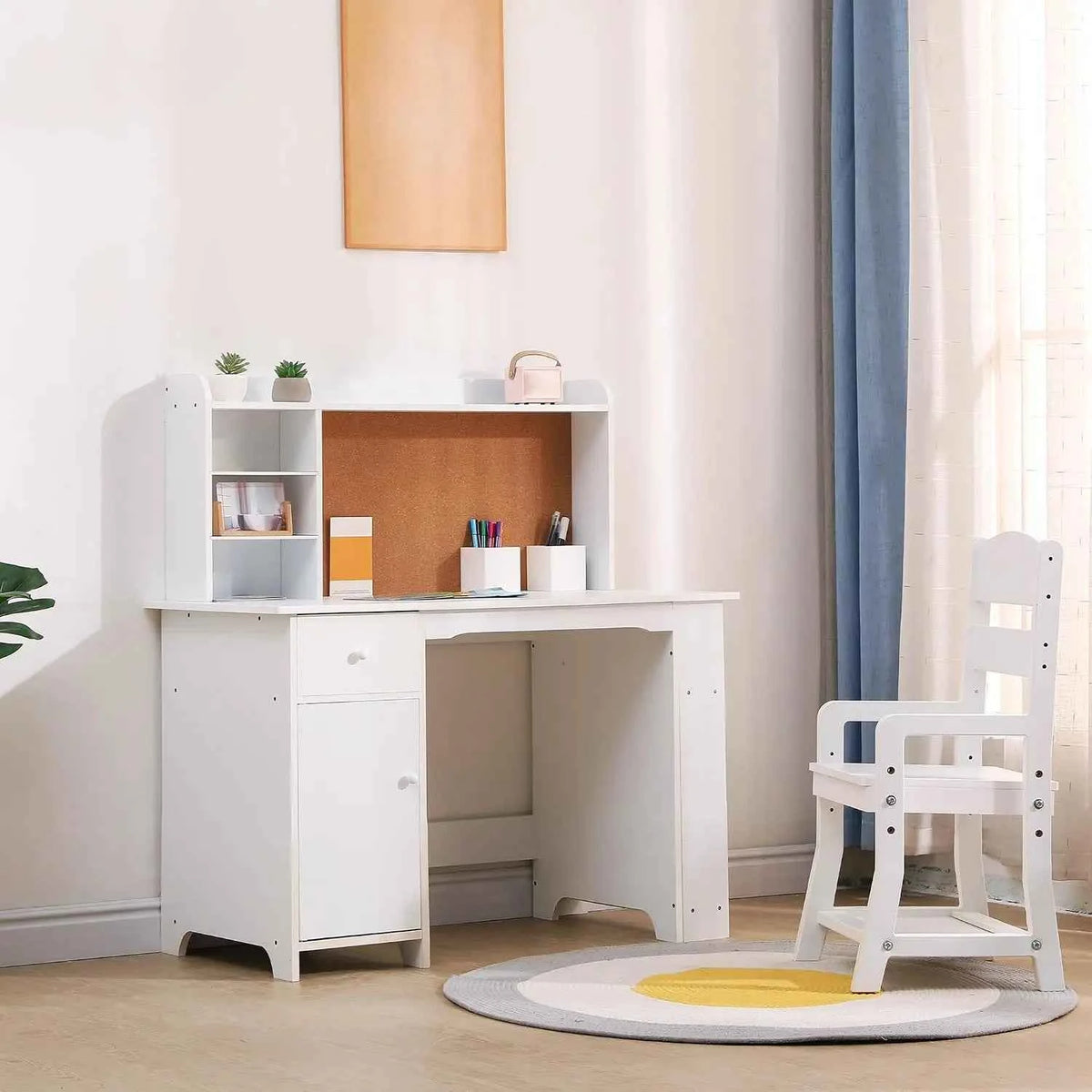 Kids Desk and Chair Set for Boys and Girls.  Wooden Kids Writing Desk with Bookshelf, Bulletin Board, Cabinet and Drawer for Ages 3-8, White