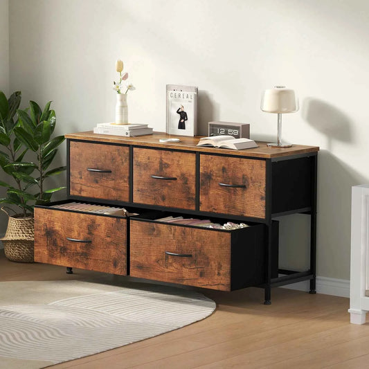 MCQ 5 Drawer Furniture. Wide Fabric Storage Tower with Wooden Top and Metal Frame