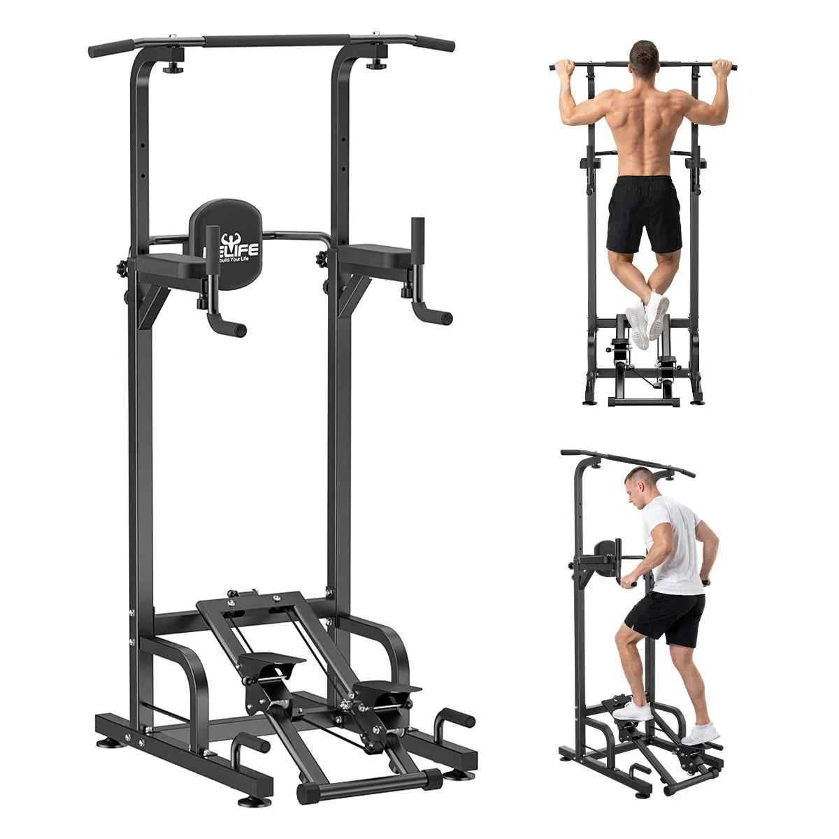 RELIFE Multifunctional Power Tower. Pull Up/ Dip Station. Free Standing Pull Up Bar with Stepper Machine, Adjustable Height Workout Rack. 450LBS Load. Full Body Strength Training Fitness Equipment for Pull Ups Chin Ups Dips L