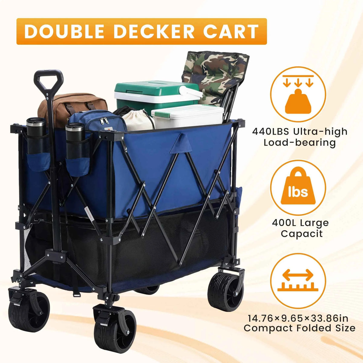 MCQ 51 Inch Folding Outdoor Double Layer Picnic Table with Collapsible Wagon with Wheels. 440lbs. Foldable Table, Grocery Cart on Wheels for Camping, Picnic, Outdoor. Indoor. Easy to Fold and Store