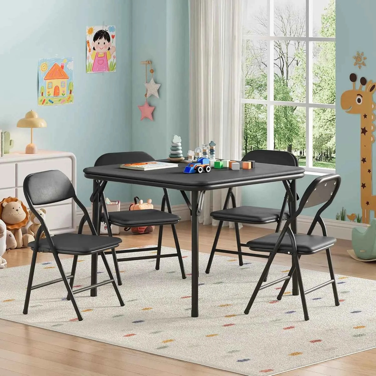 5-Piece  Kids Folding Table and Chairs Set. Upholstered Chairs, Waterproof PU Top, No Assembly, Toddler Furniture, Black