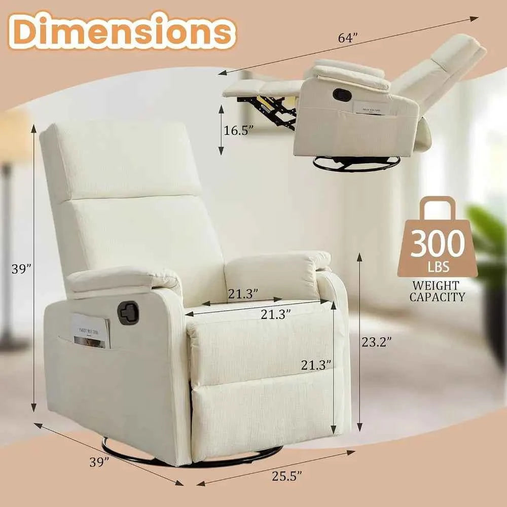 Beige Chenille Swivel Rocking Recliner Chair for Adults and Small Nursery Rooms