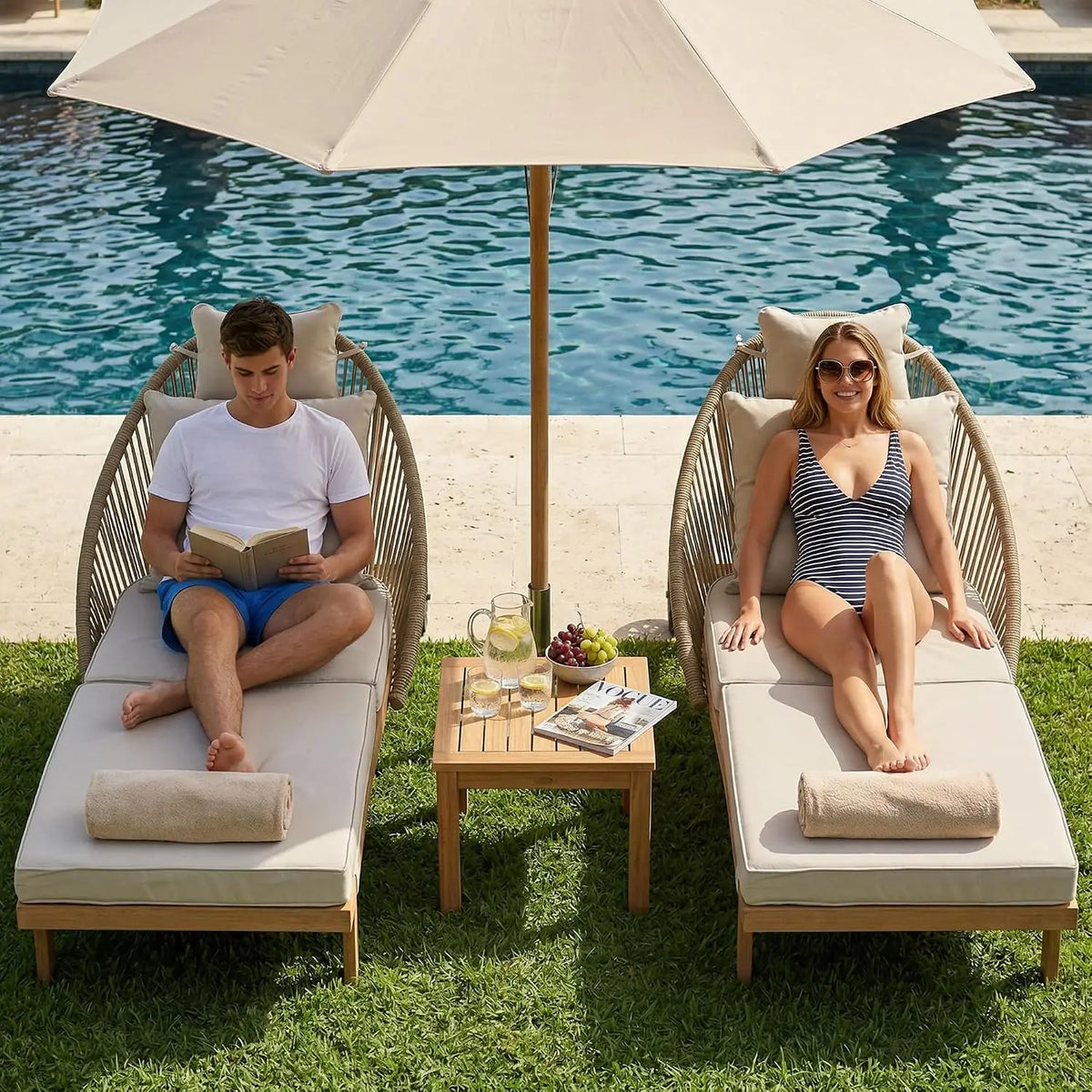 Outdoor Chaise Lounge Chairs, Modern Wicker Patio Furniture.  Lounge Recliner with Wheels, All-Weather Pool Lounger for Sunbathing, Deck, Yard, Khaki