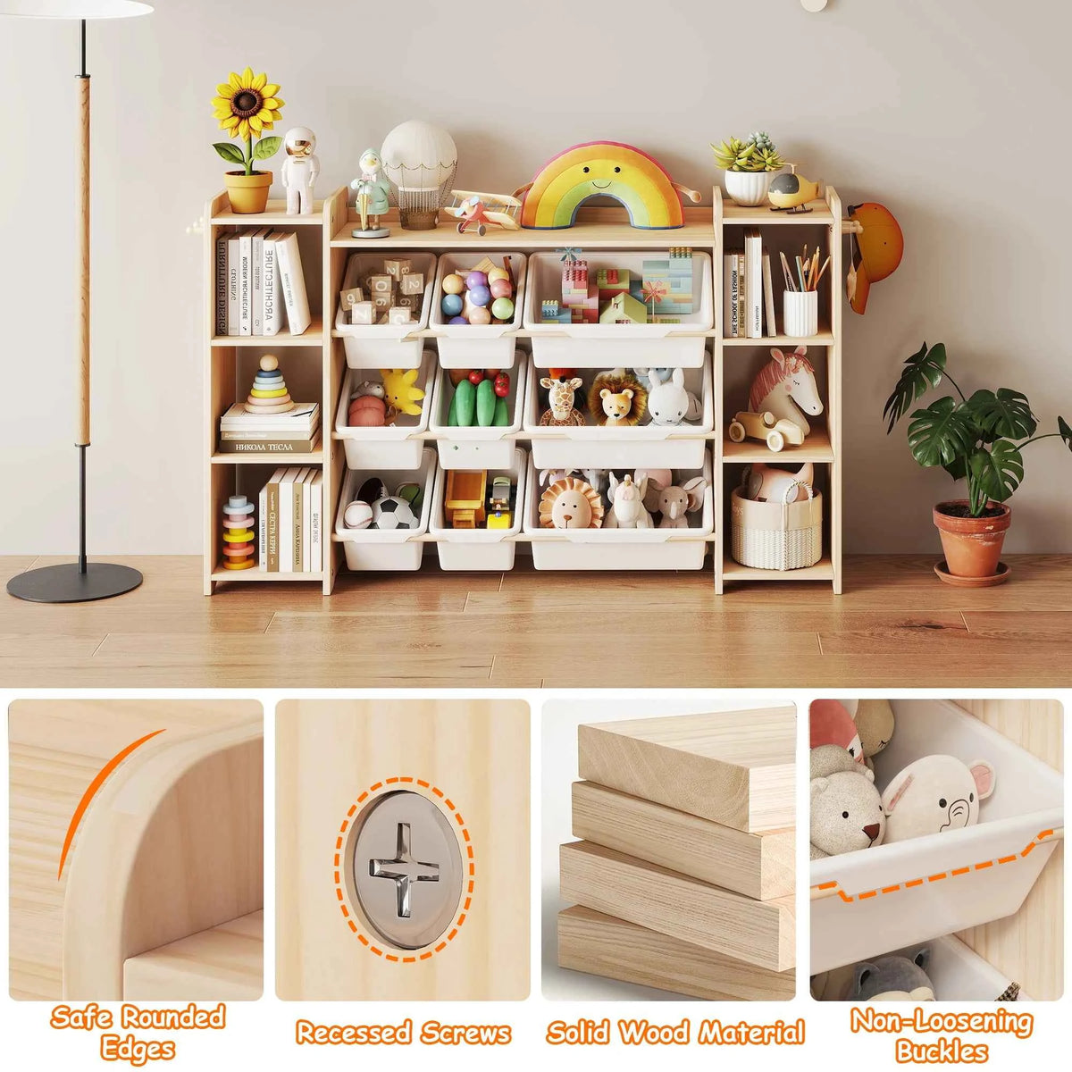 White Bookshelf and Toy Storage Organizer with 6 Shelves, 9 Bins, & 6 Hooks,