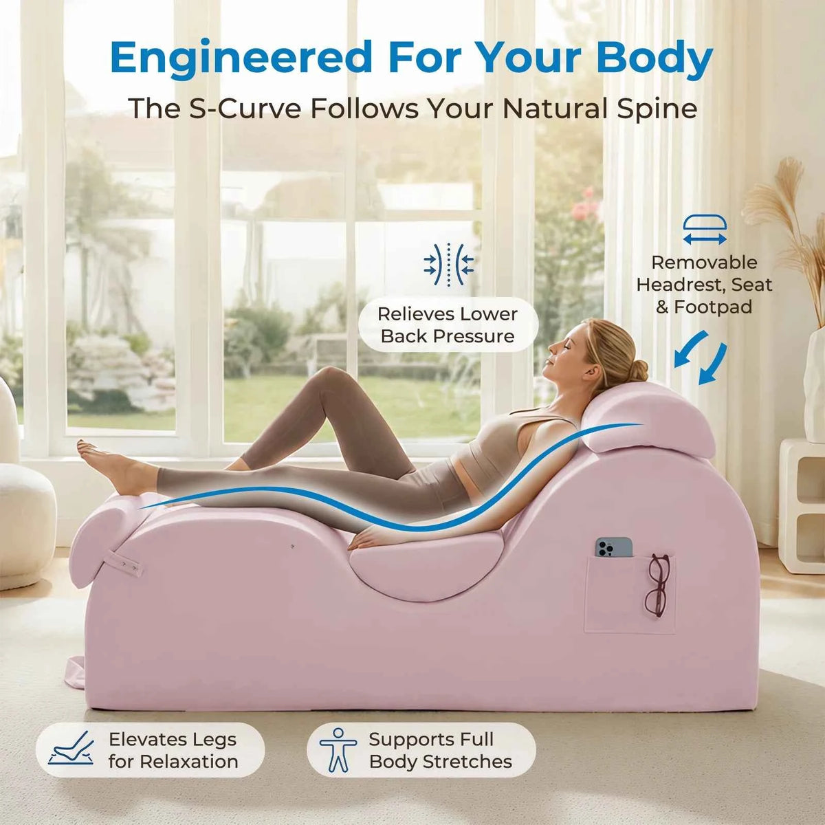 Velvet Curved Yoga Chaise Lounge Chair With Side Pockets. Movable Footrest, Headrest, And Waist Cushion. Adult Sofa Couch For Bedroom, Relaxation, Stretching