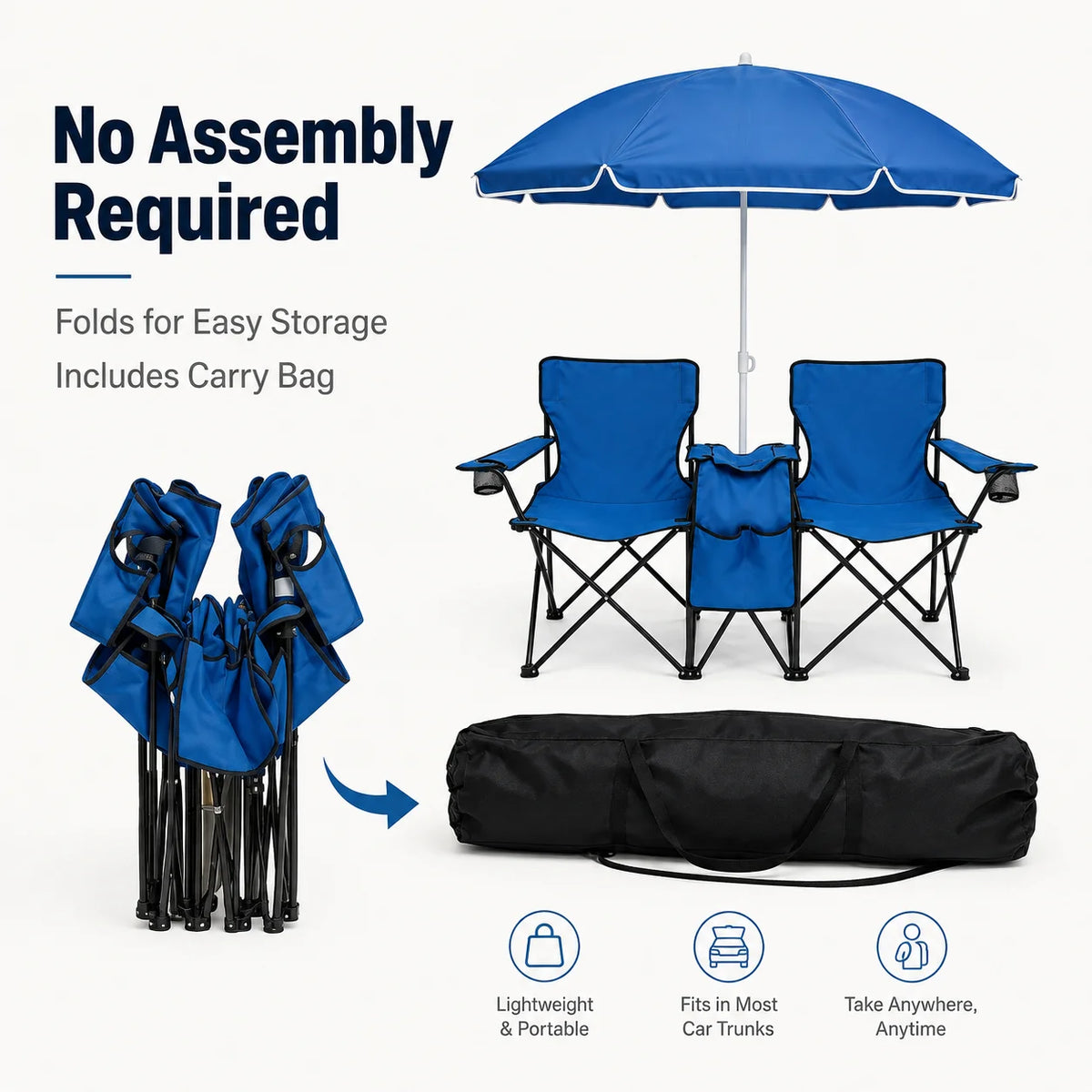 2 Person Folding Camping Chair Set with Umbrella, Cup Holders, Built in Cooler. Portable Outdoor Double Chair set