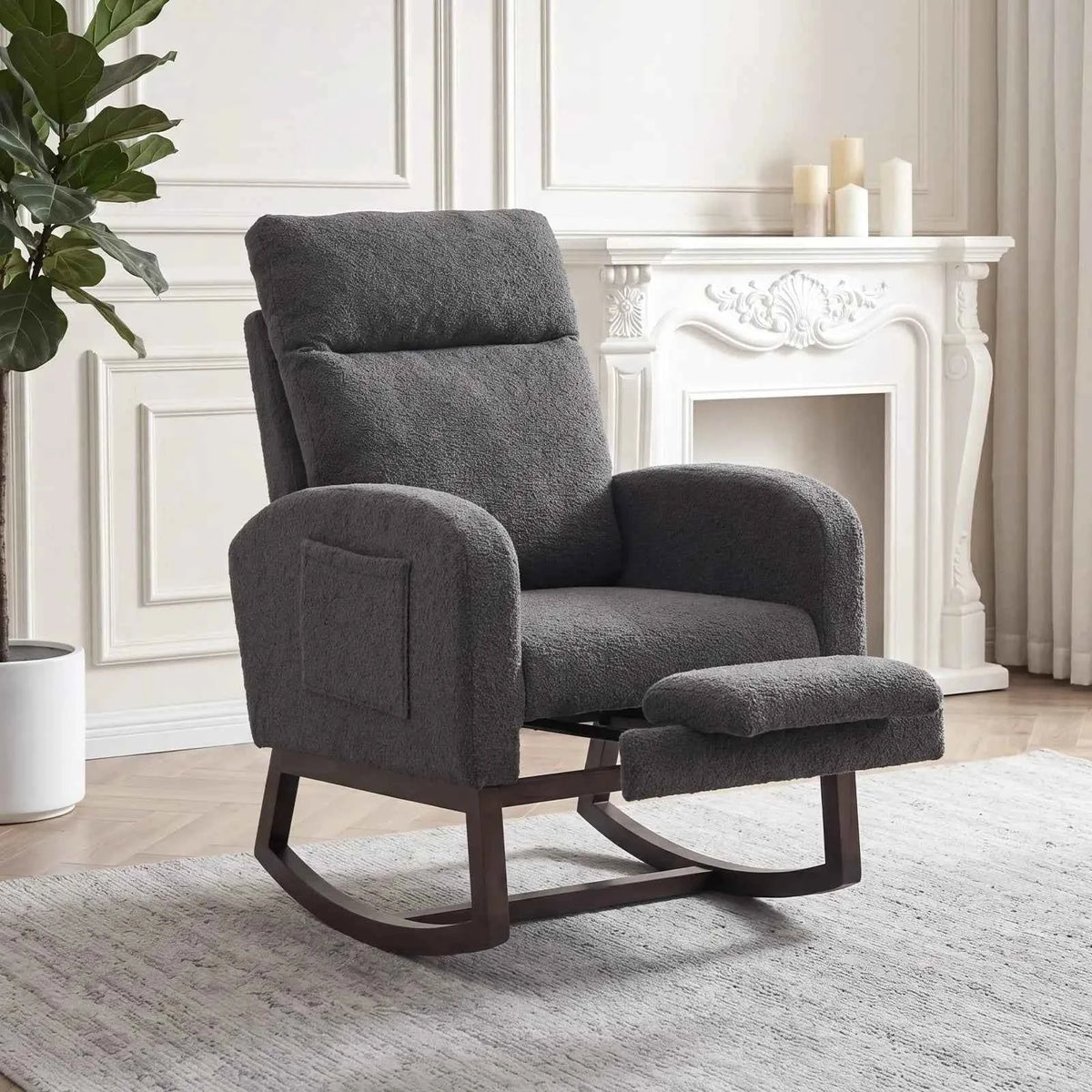 Modern Nursery Rocking Chair, Teddy Upholstered Rocking Chair with Footrest, & with Side Pocket, Rocker Glider for Living Room, Bedroom, Nursing Room