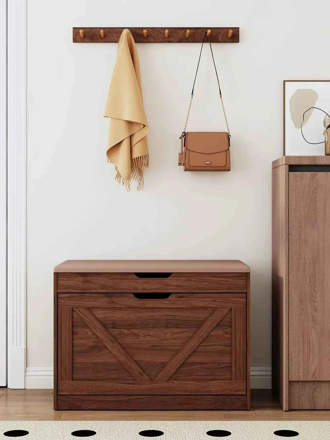 27.5" Storage Bench with Flip Drawers and Adjustable Shelf, Flip-up Cabinet & Padded Cushion - Space-Saving Shoe Cabinet, Organizer for Entryway, Hallway, Bedroom