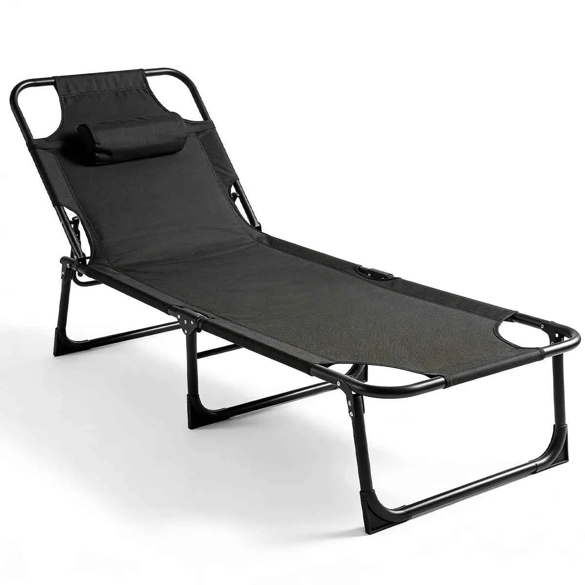 56cm Adjustable Folding Camping Lounge Chair with Removable Soft Cushion, 3 Position Reclining Portable Beach Tanning Chair, Heavy Duty 330 LBS Fold Up Outdoor Chaise Lounge for Pool Patio Office Napping Indoor & Backyard