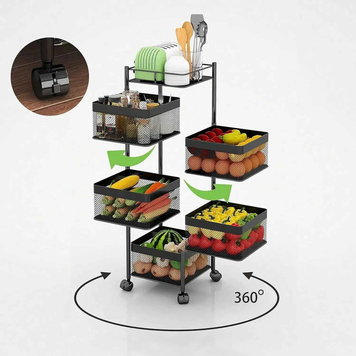 5-Tier Rolling Storage Cart with Wheels, Rotating Utility Shelf Rack, No Assembly Required, Square Black Organizer