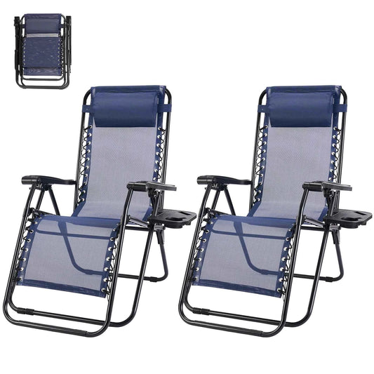 MCQ Outdoor Zero Gravity Chairs Set of 2. Folding Recliner with Cup Holder and Adjustable Pillow