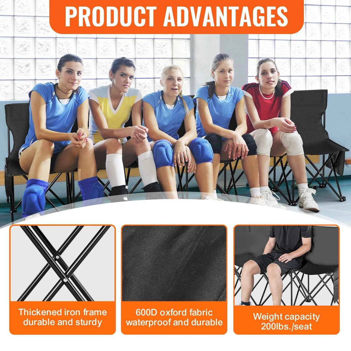 SucceBuy 6/8 Seat Foldable Sideline Bench. Outdoor, Camping Bench Chair with Bag & Backres. Team Sport Sideline Bench