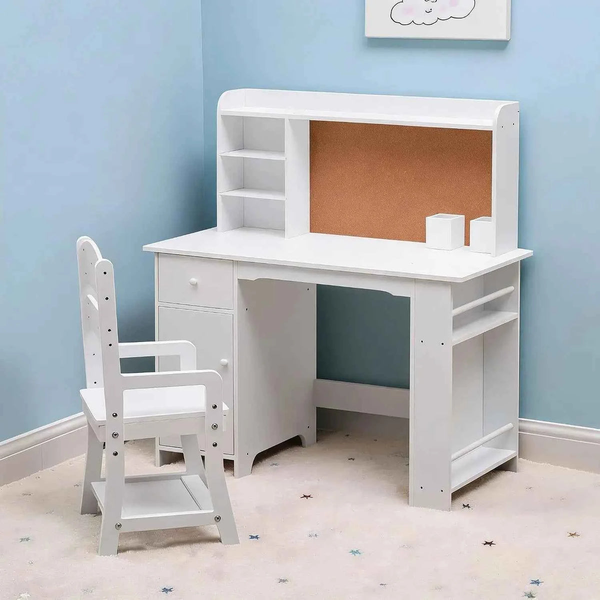 Kids Desk and Chair Set for Boys and Girls.  Wooden Kids Writing Desk with Bookshelf, Bulletin Board, Cabinet and Drawer for Ages 3-8, White