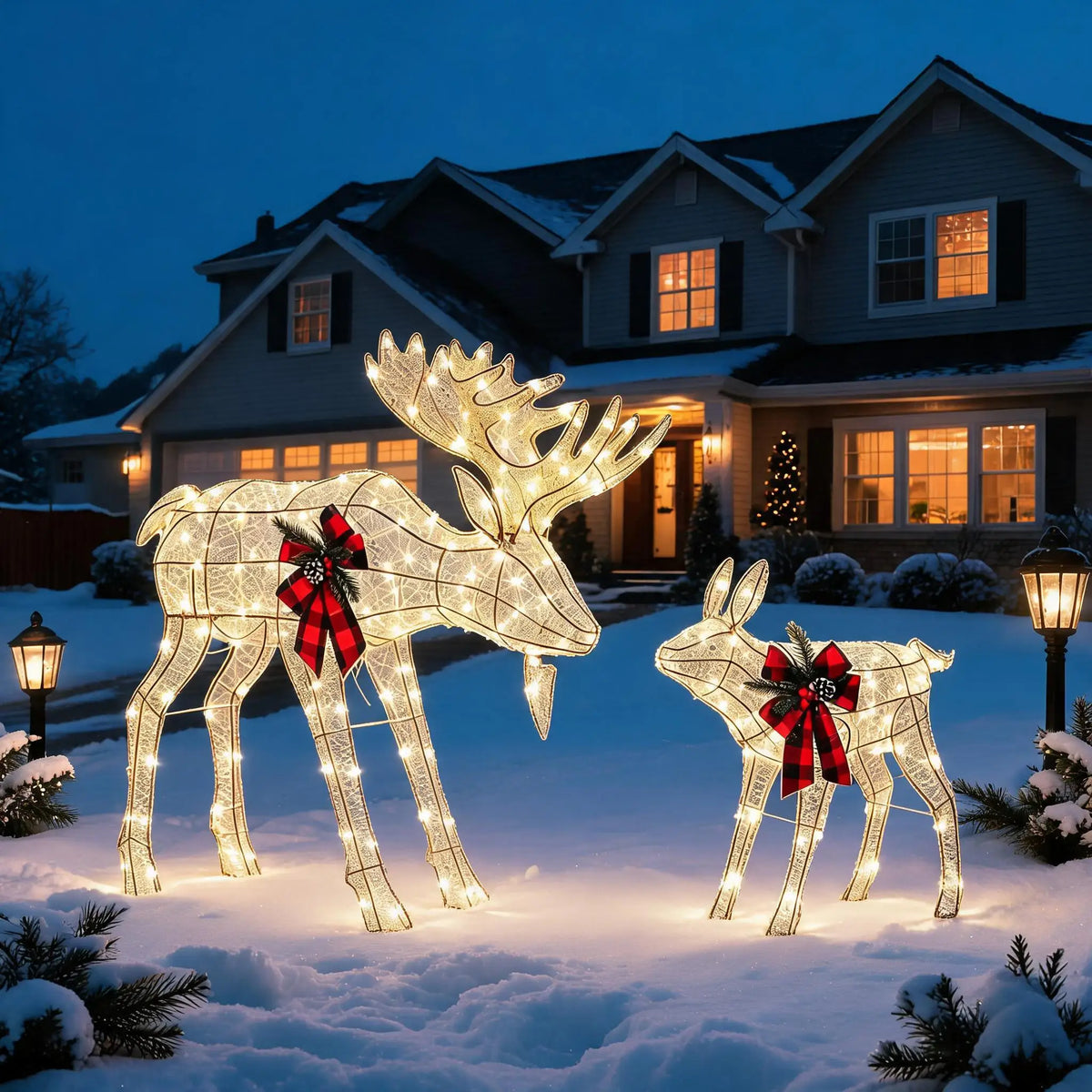 2 Piece Lighted Christmas Reindeer Family. Outdoor Yard Decoration with 240 LED Lights. Gold Glowing Reindeer Lawn Ornament.