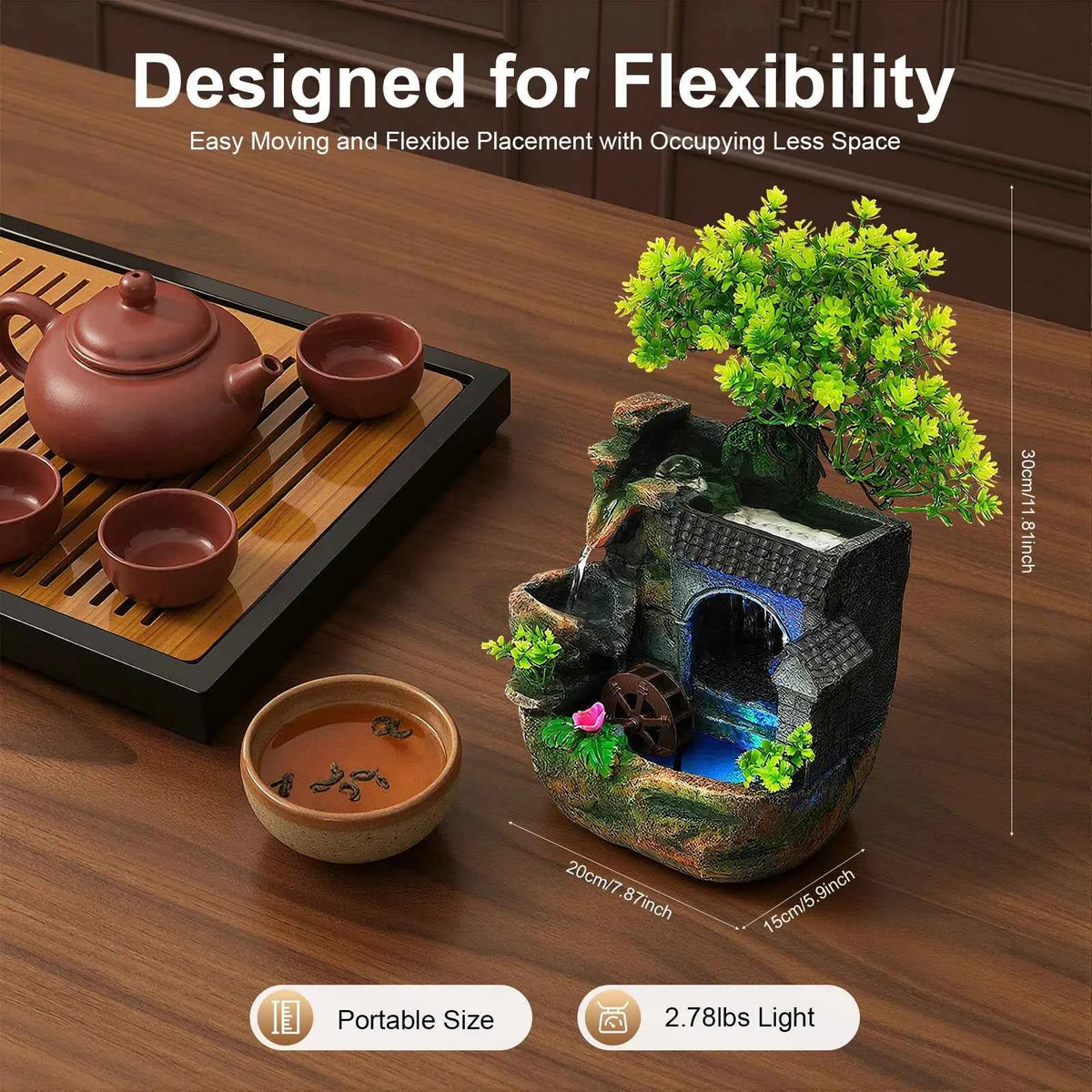 Tabletop Resin Water Fountain. Hand Carved Mini Desktop Waterfall with Color Changing LED Light. Adjustable Water Pump. Natural Landscape Decor