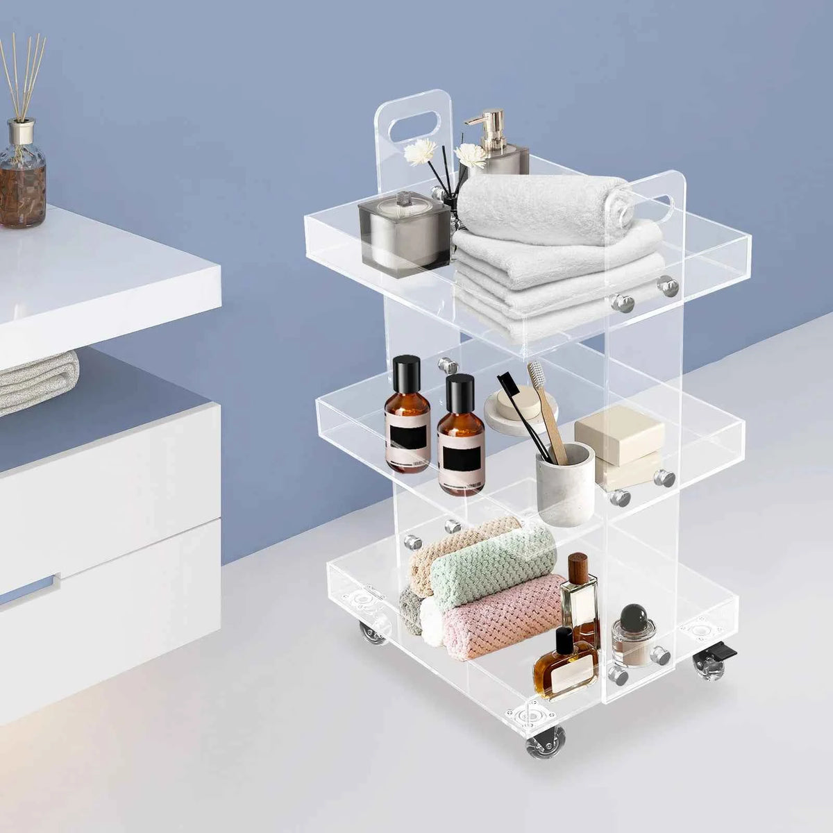 -Tier Acrylic Mobile Storage Cart with Wheels Clear Multifunctional Utility Rolling Trolley and is 41.6x34x70cm